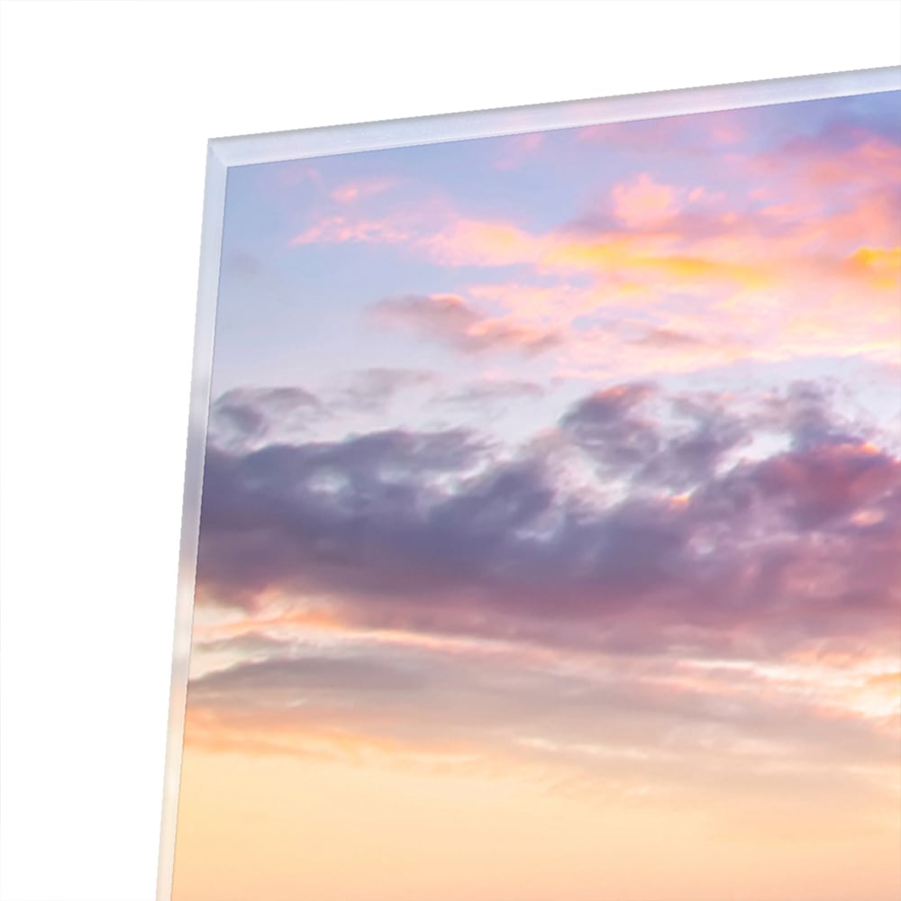 Glazen schilderij van een stadsgezicht met zonsondergang, perfect voor inrichting