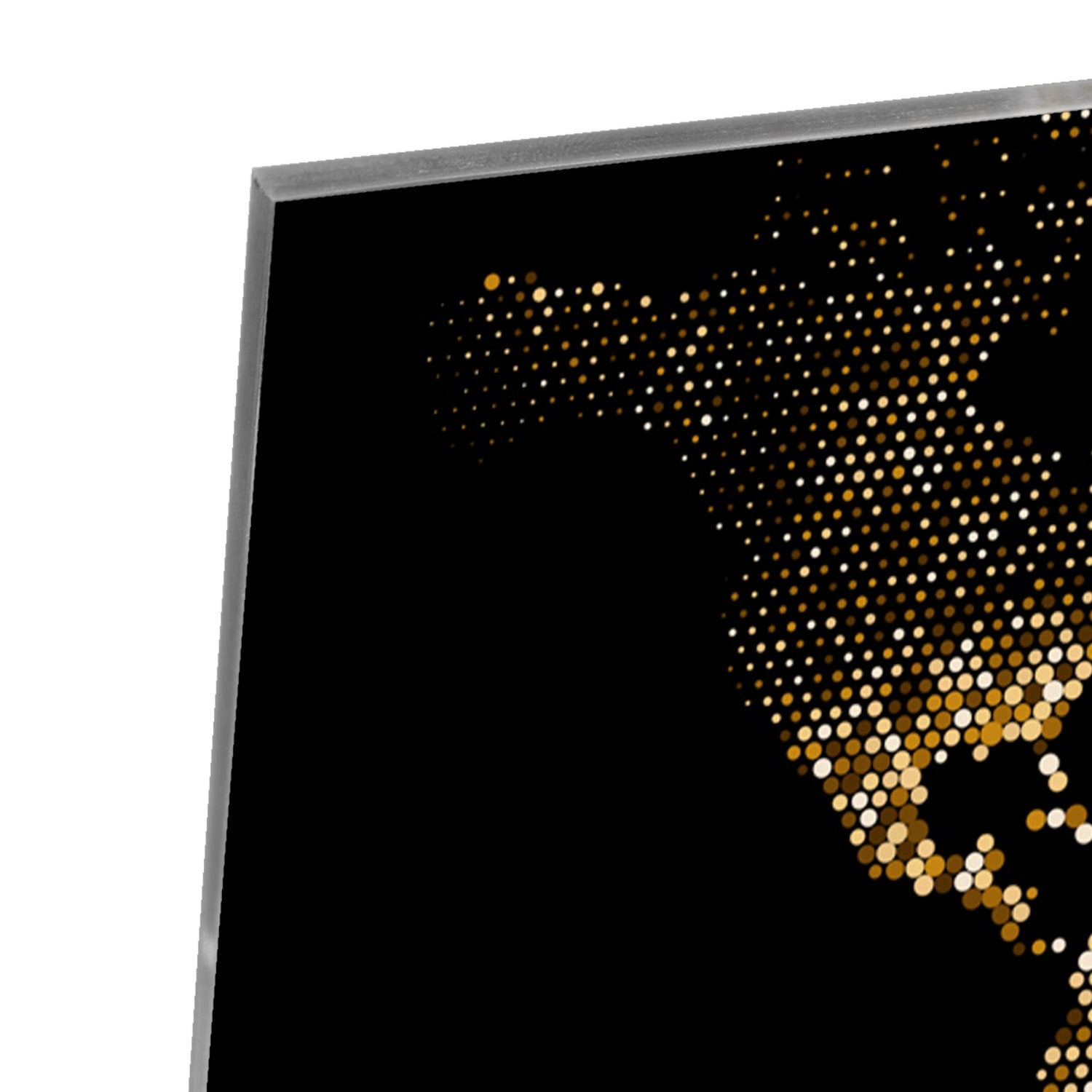 Glazen schilderij van een wereldkaart in zwart met gouden accenten
