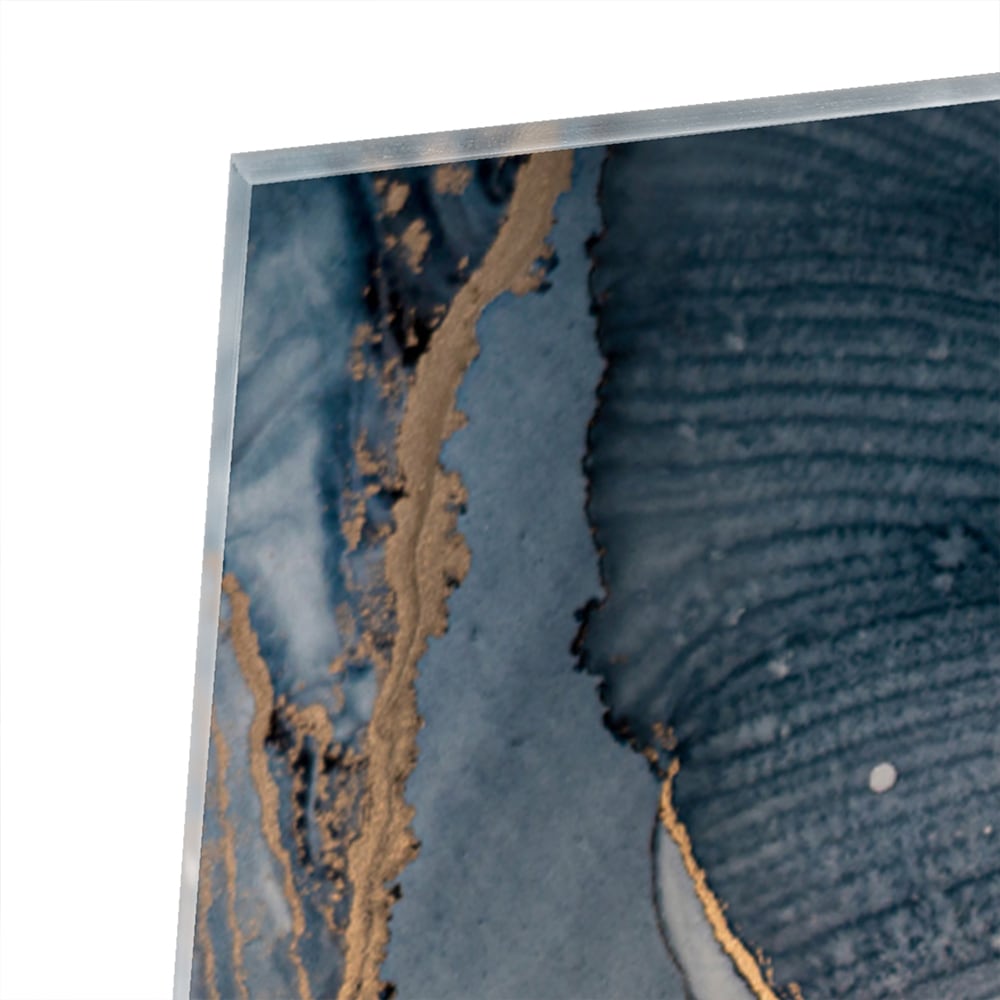 Elegant glazen schilderij met blauwe en gouden abstracte lagen