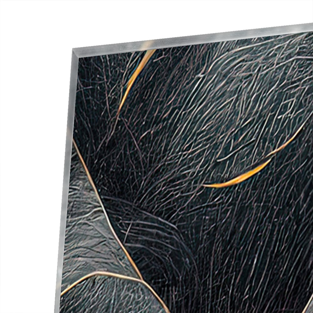 Glazen schilderij met gouden bladeren op een zwarte achtergrond, perfect voor interieur decoratie.