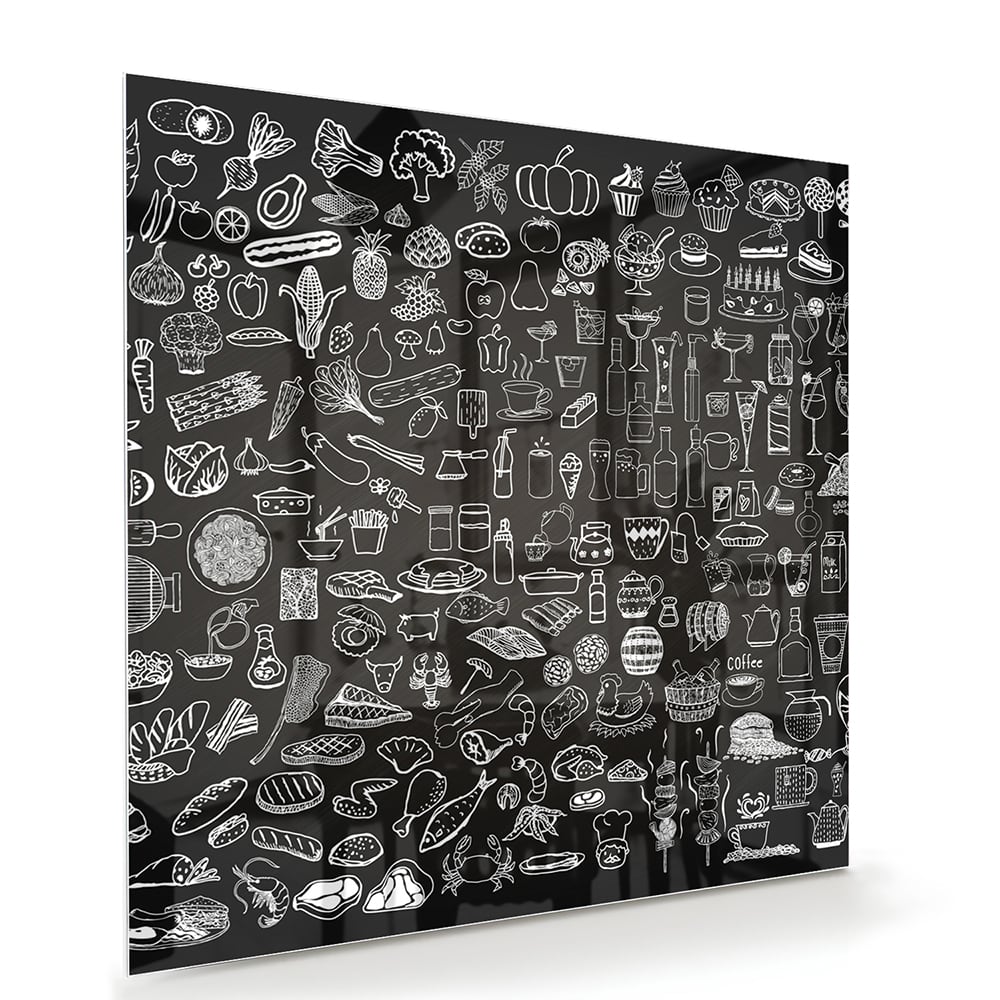 Glazen schilderij met zwart-witte illustraties aan een muur
