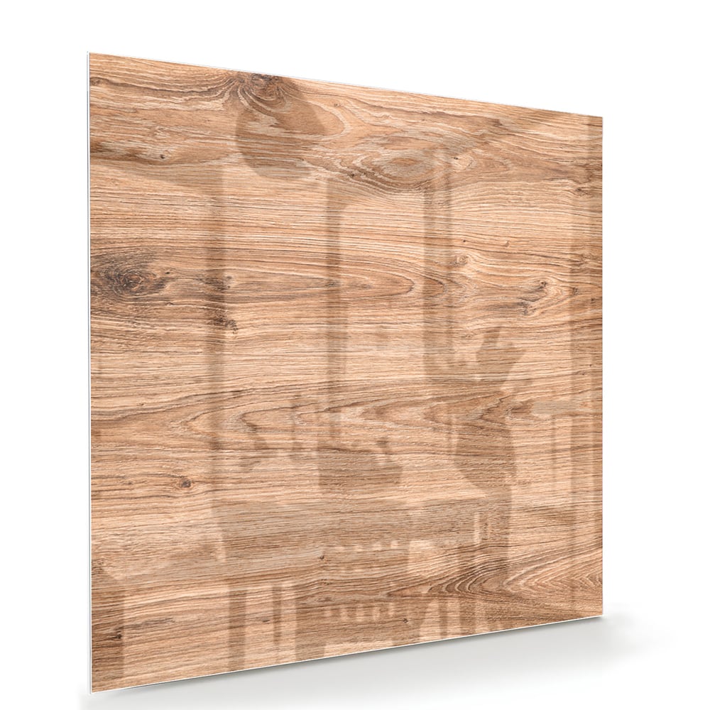 Glazen schilderij met een natuurlijke houtlook boven een moderne kast