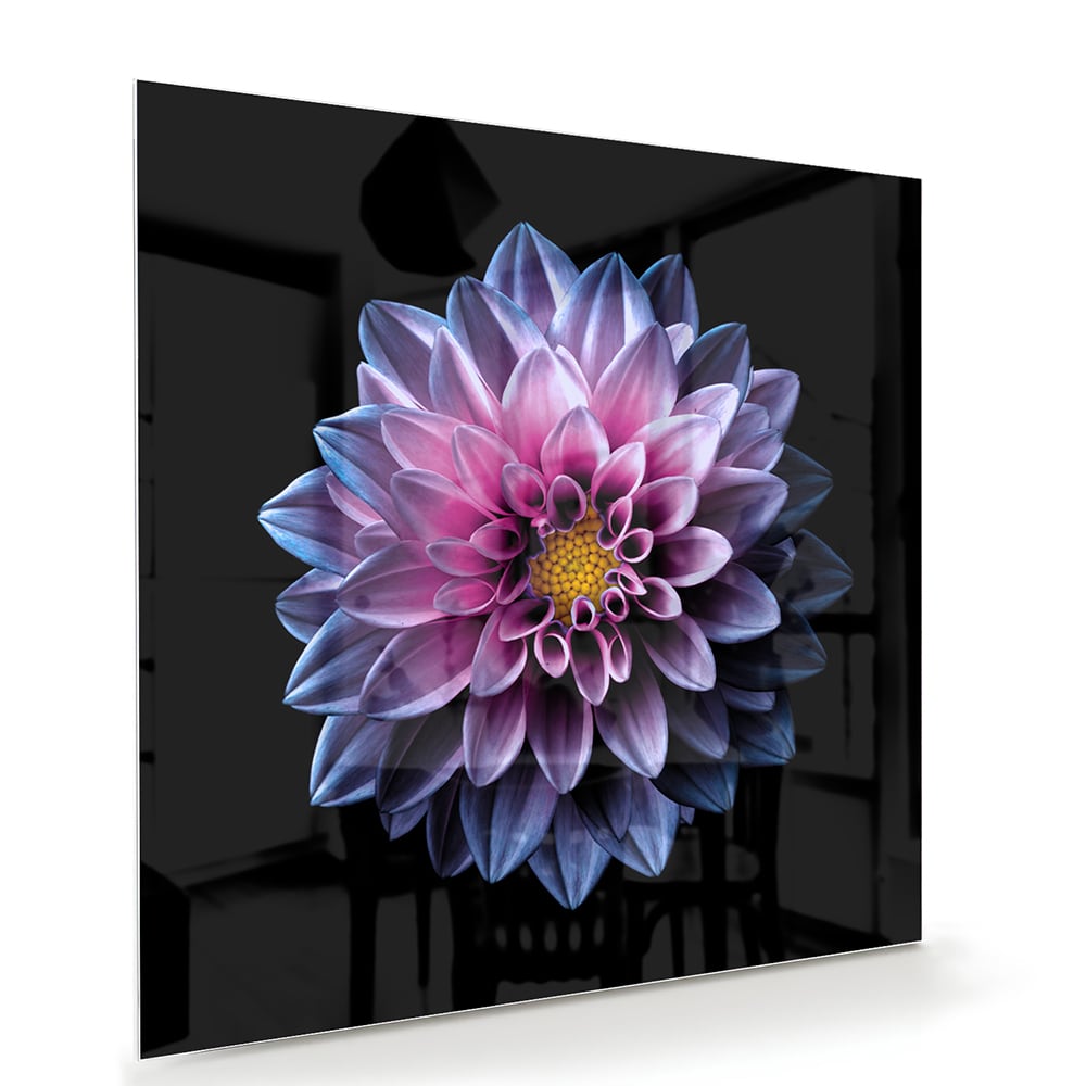 Glazen schilderij van een roze bloem aan de muur in een stijlvolle woonkamer.