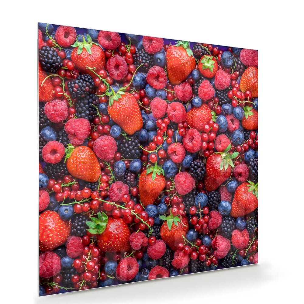 Glazen schilderij met een kleurrijke afbeelding van bessen en fruit