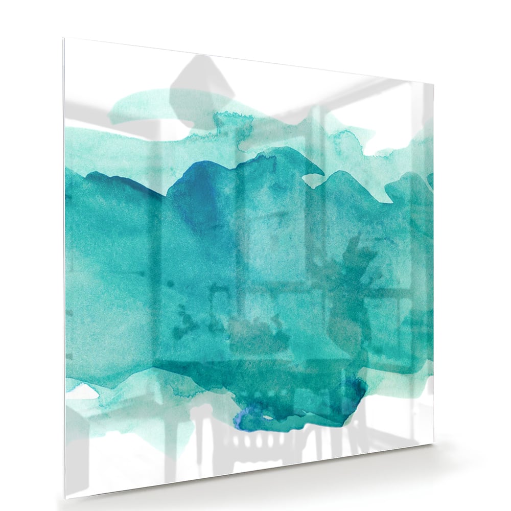 Abstract glazen schilderij met turquoise tinten, perfect voor moderne interieurs.