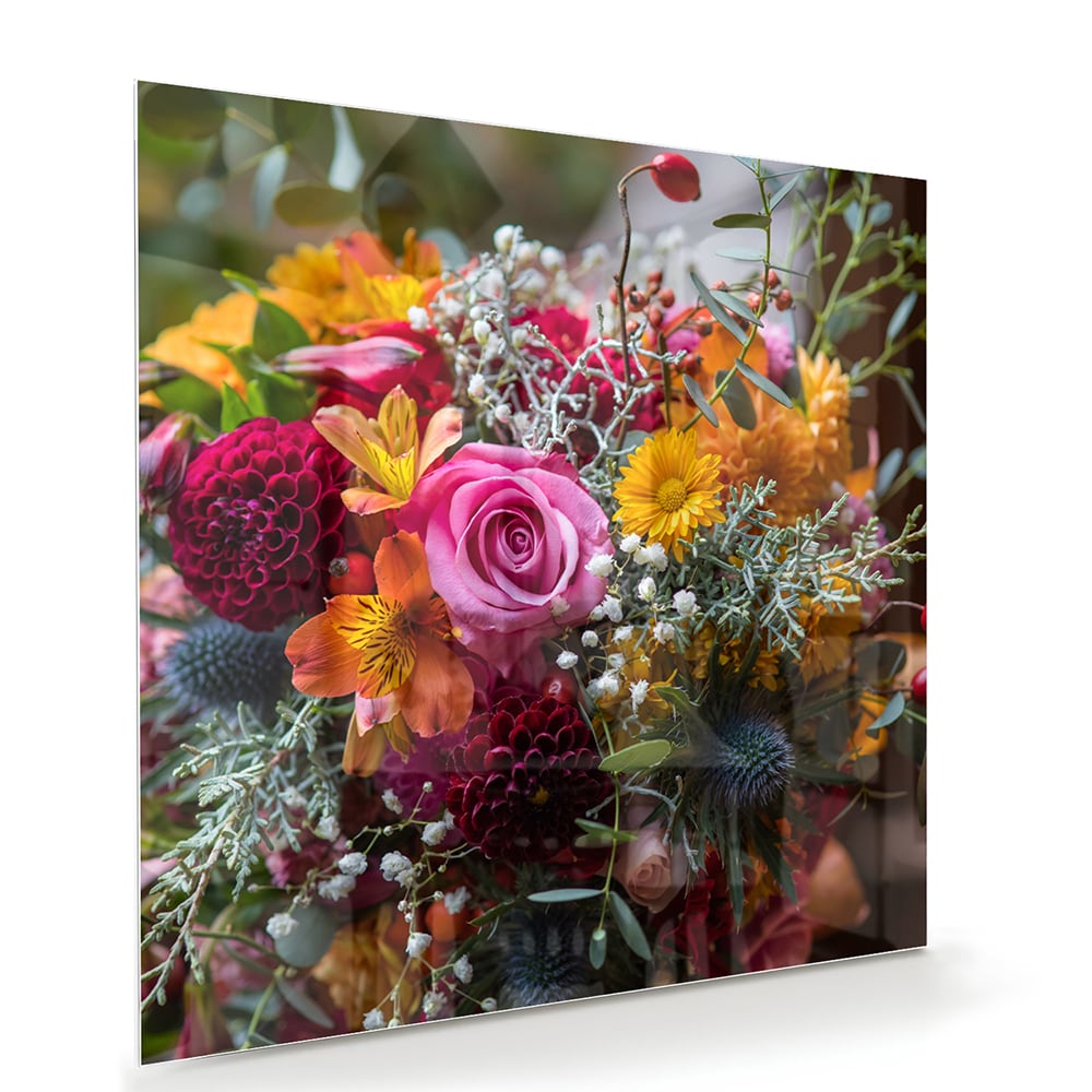 Glazen schilderij met een kleurrijk boeket bloemen aan de muur