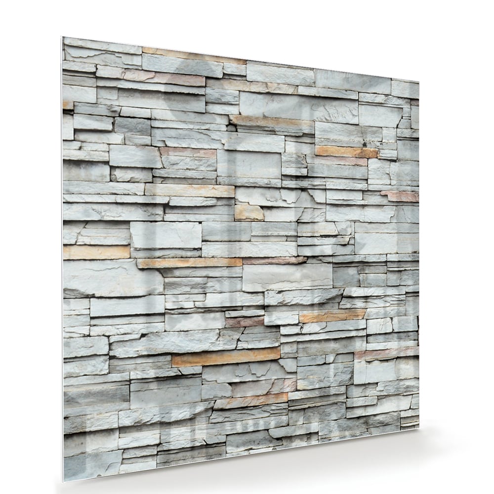 Moderne glazen schilderij met grijze textuur hangt aan de muur.