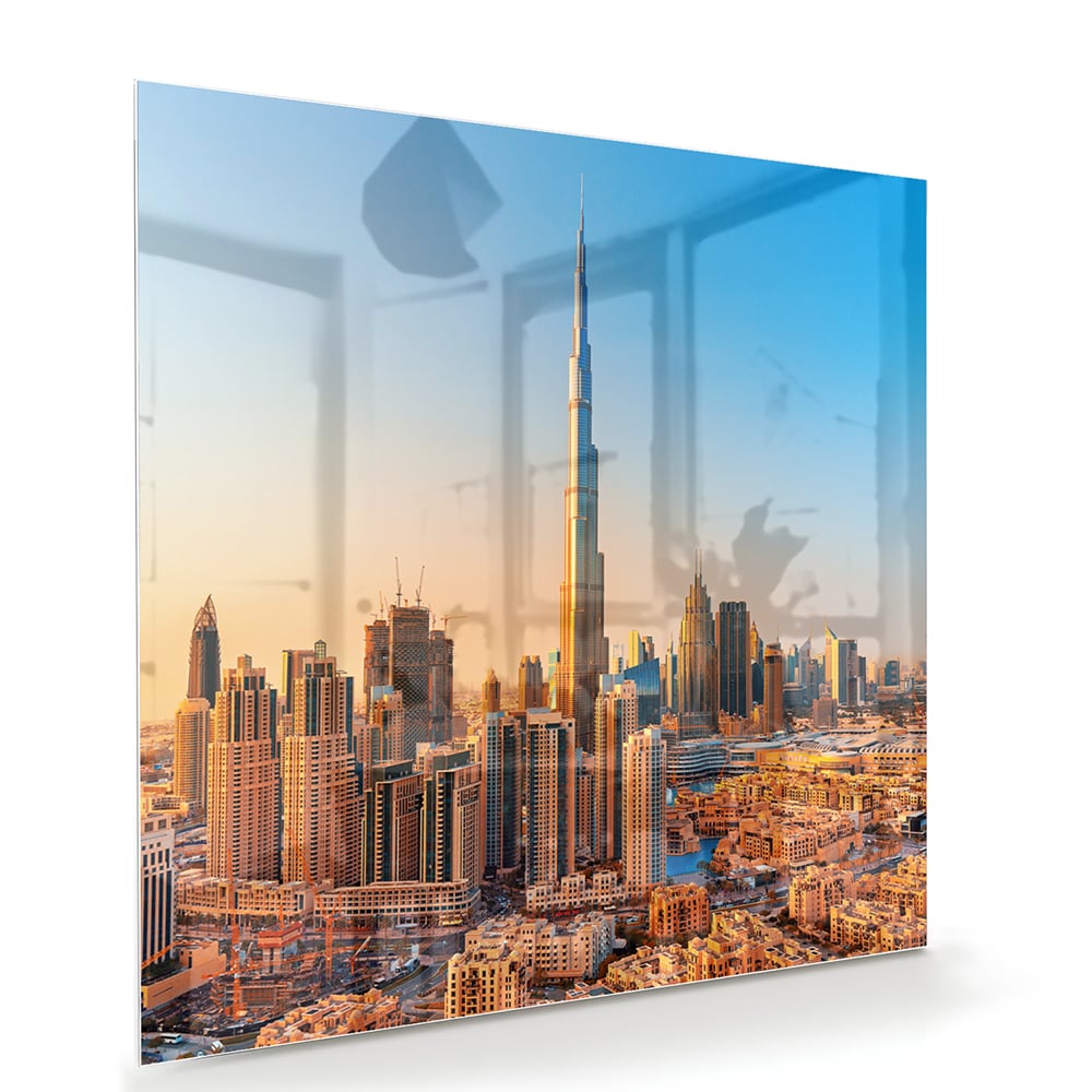 Glazen schilderij van de skyline van Dubai met Burj Khalifa tijdens zonsondergang