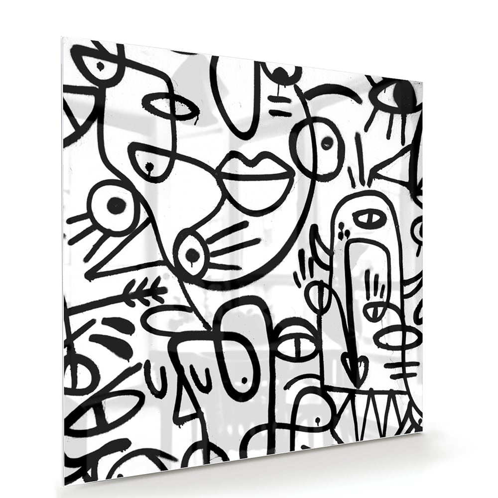 Abstract glazen schilderij in zwart-wit met vormen en lijnen