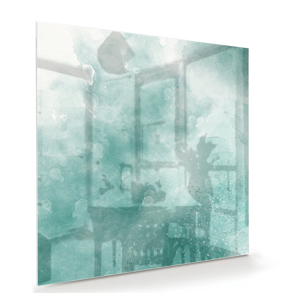 Abstract glazen schilderij in aquablauw kleur, past mooi in een modern interieur.