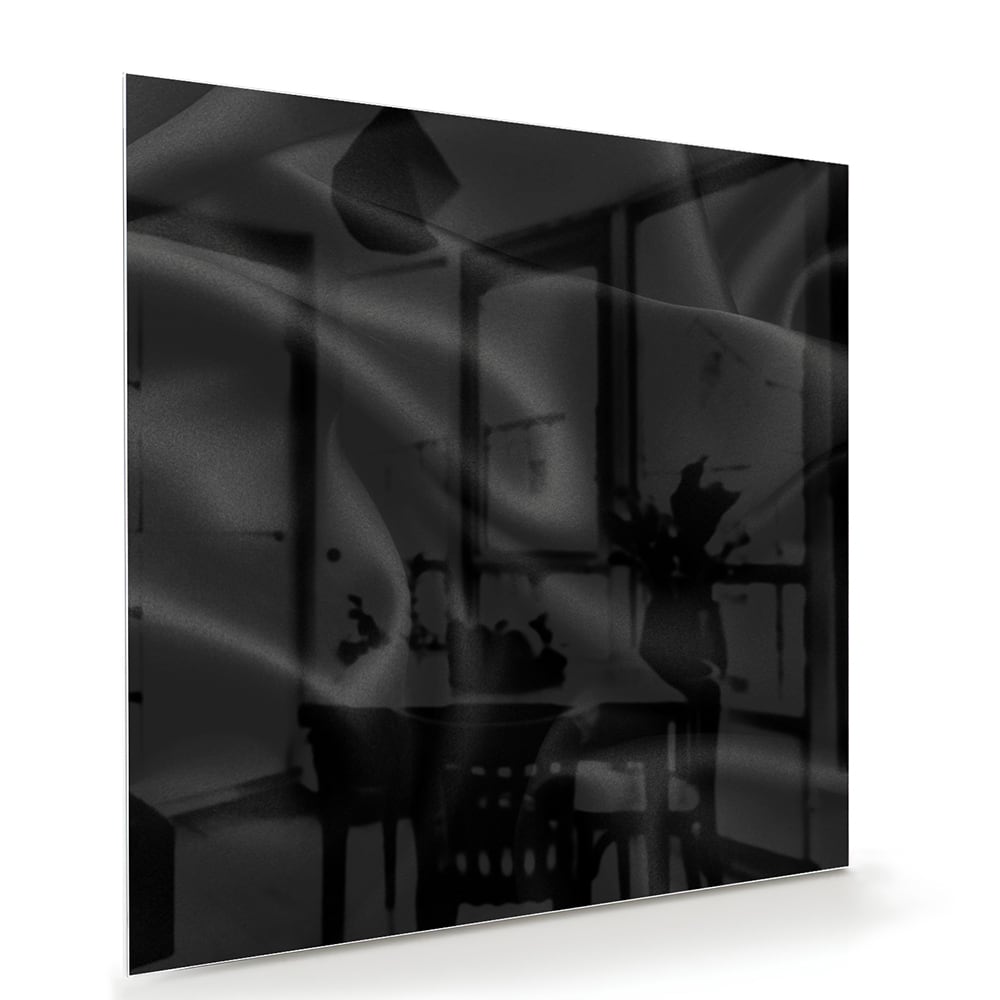 Zwart glazen schilderij aan de muur in een moderne woonkamer met houten meubels en planten.