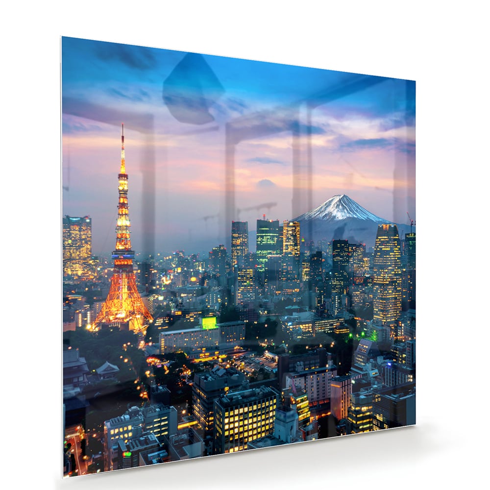 Glazen schilderij van Tokyo met de Tokyo Tower en Mount Fuji in de achtergrond