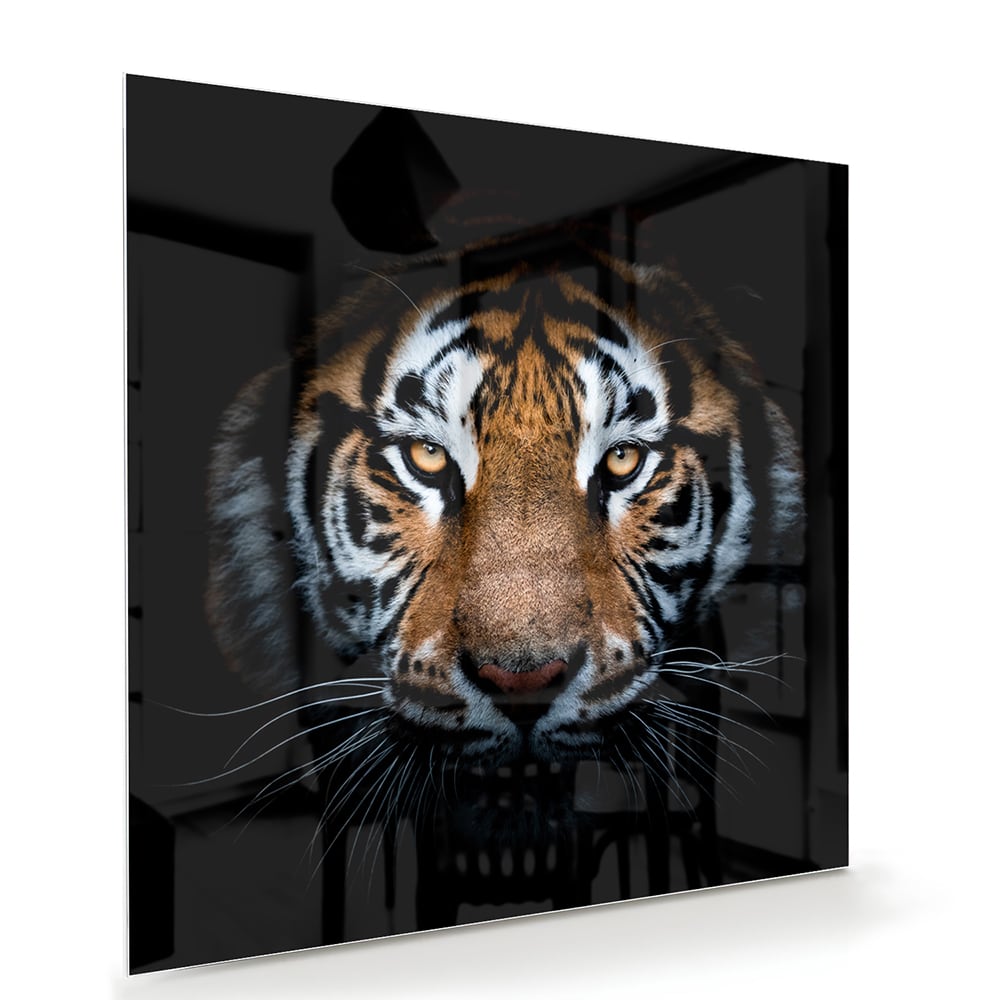 Glazen schilderij van een tijger met intense ogen, hangt aan de muur.