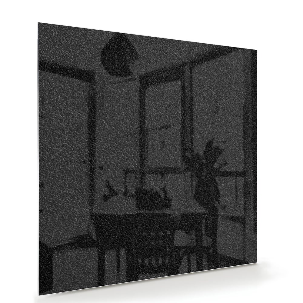 Minimalistisch zwart glazen schilderij aan de muur in een lichte woonkamer.