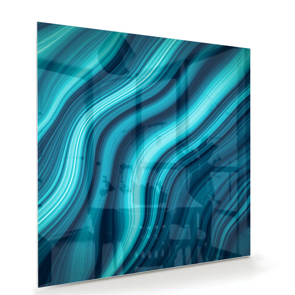 Moderne glazen schilderij met blauwe en groene golven aan de muur