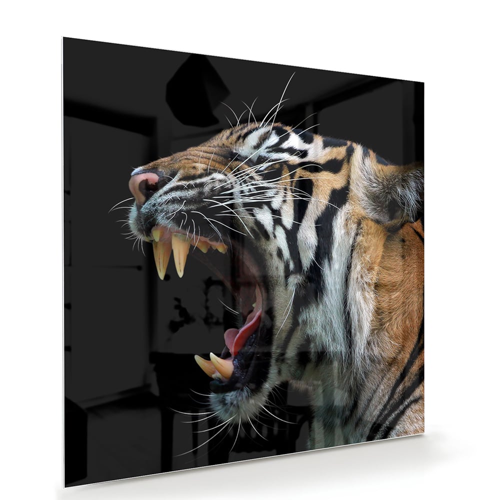 Glazen schilderij van een brullende tijger aan de muur in een stijlvolle kamer.