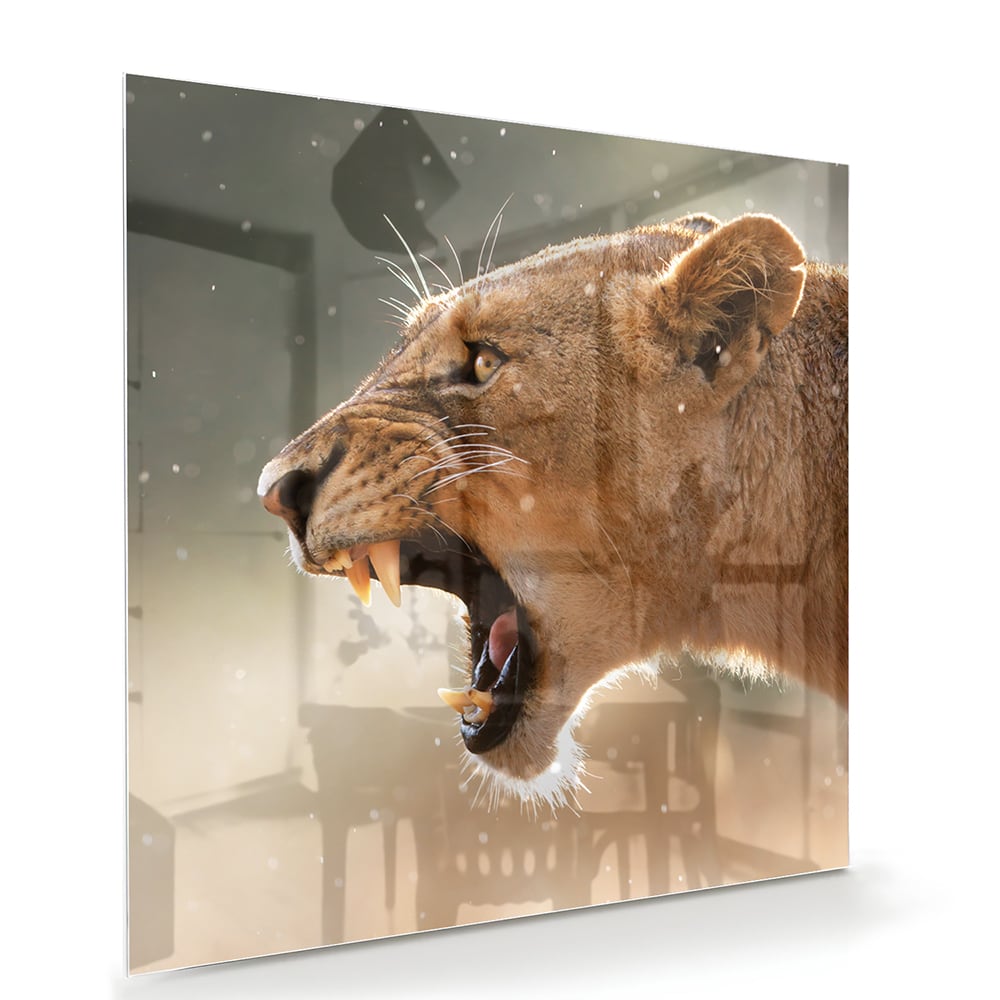 Glazen schilderij van een brullende leeuw, bijzonder kunstwerk voor aan de muur.