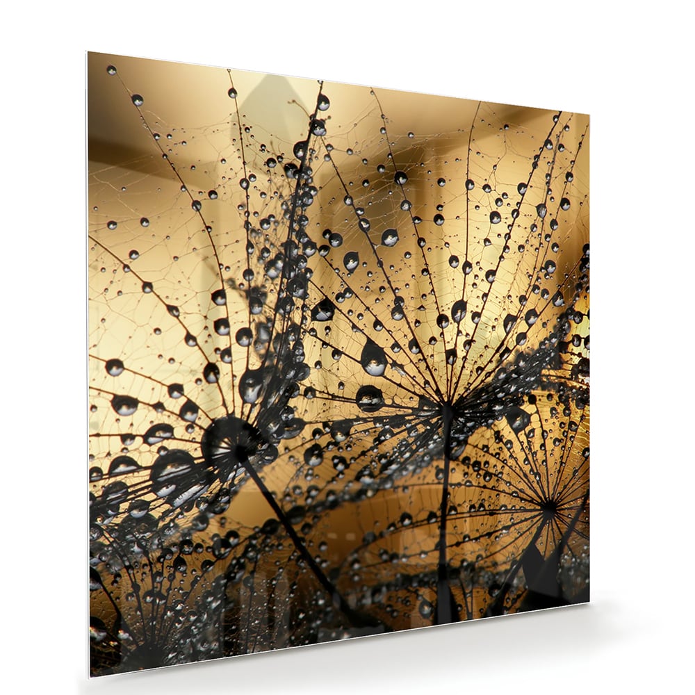Glazen schilderij met gouden waterdruppels op een lichte muur.