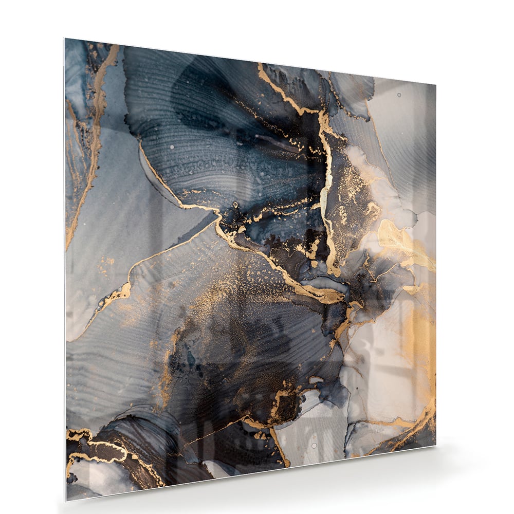 Elegant glazen schilderij met blauwe en gouden abstracte lagen