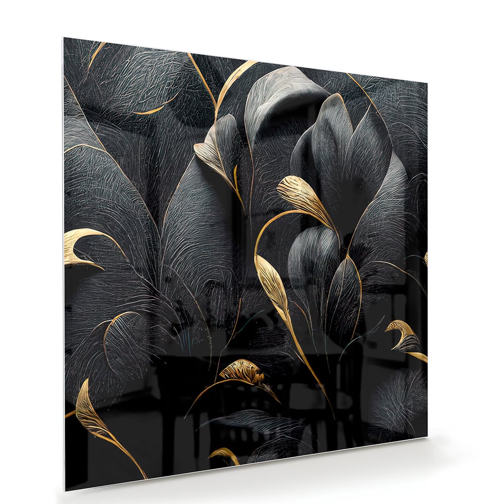 Glazen schilderij met gouden bladeren op een zwarte achtergrond, perfect voor interieur decoratie.