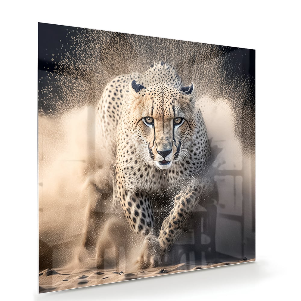 Glazen schilderij van een jachtluipaard die door zand rent in een moderne woonkamer.