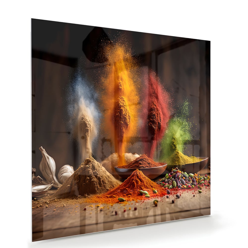 Glazen schilderij met een kleurrijke weergave van specerijen op een houten tafel.