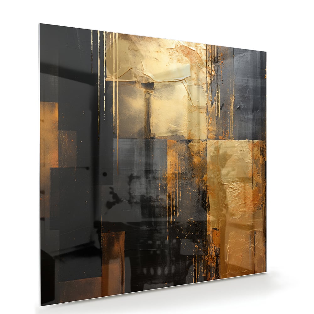 Abstract glazen schilderij in goud en zwart, perfect voor moderne interieurs.