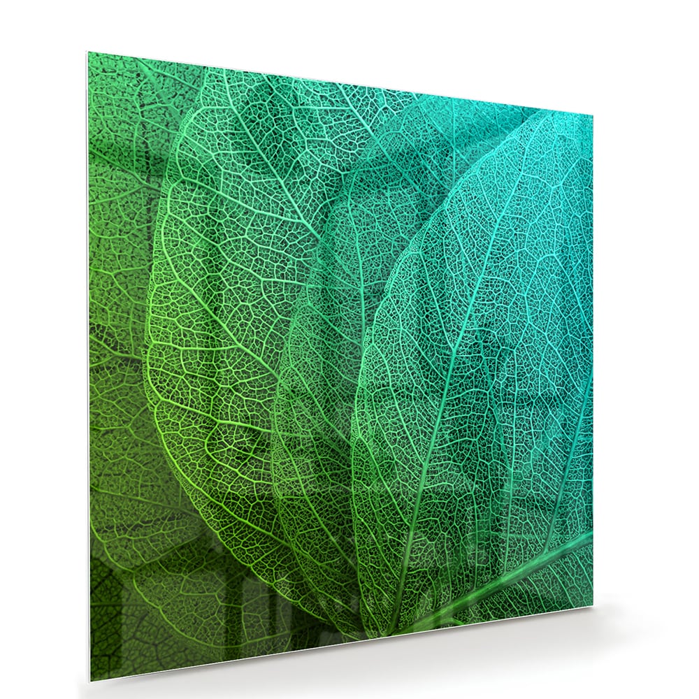 Glas schilderij met de structuur van groene bladeren aan een muur.