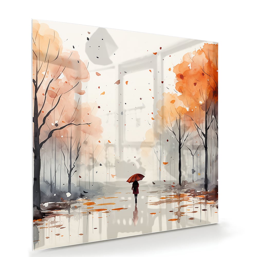 Glazen schilderij van een herfstlandschap met een wandelaar en kleurrijke bomen.