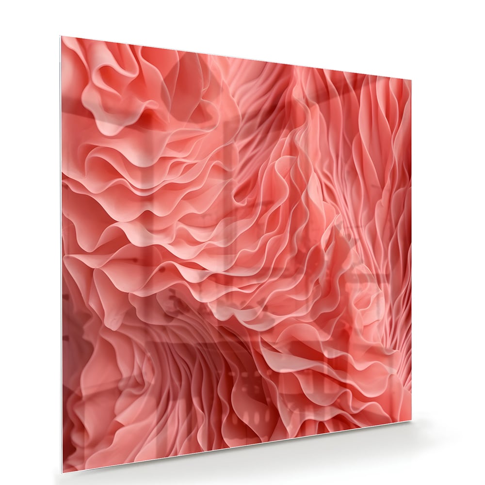 Abstract glazen schilderij in roze met golvende patronen, perfect voor wanddecoratie.