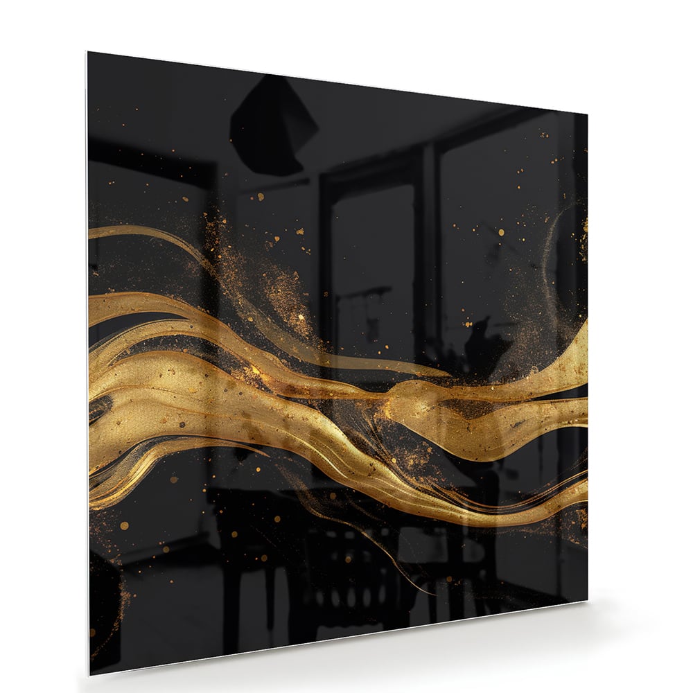Glazen schilderij met gouden lijnen op een zwarte achtergrond, geschikt voor moderne interieurs.