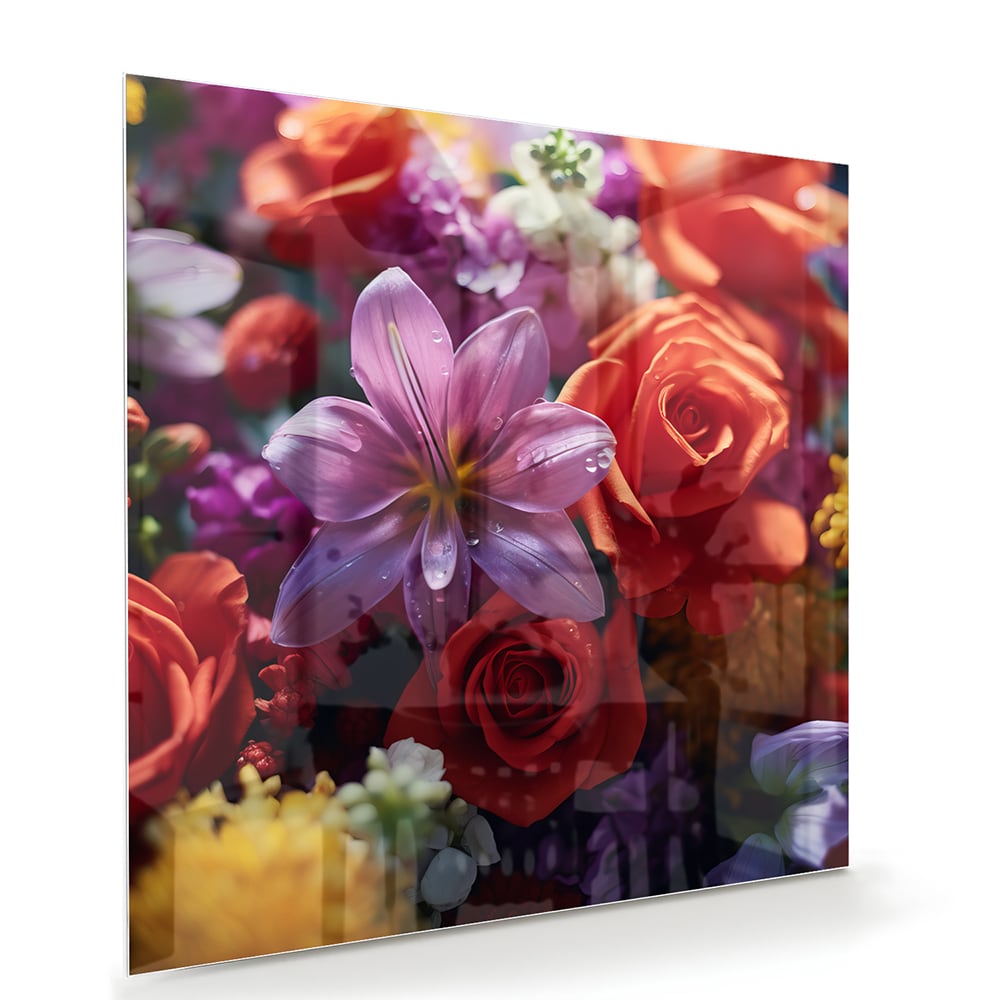 Kleurrijk glazen schilderij met een prachtige bloemencompositie.