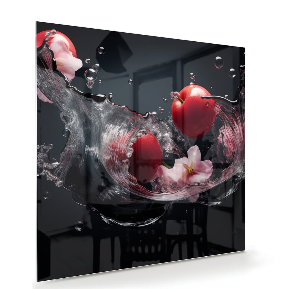 Glazen schilderij met roze bloemen en waterdruppels op een zwarte achtergrond.