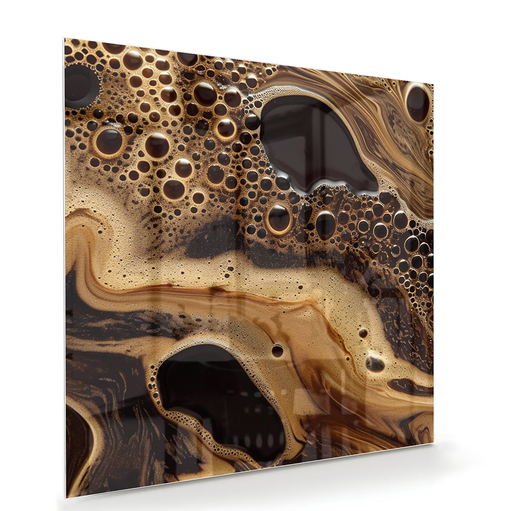 Abstract glazen schilderij met aardse kleuren en organische vormen, geschikt voor moderne interieurs.