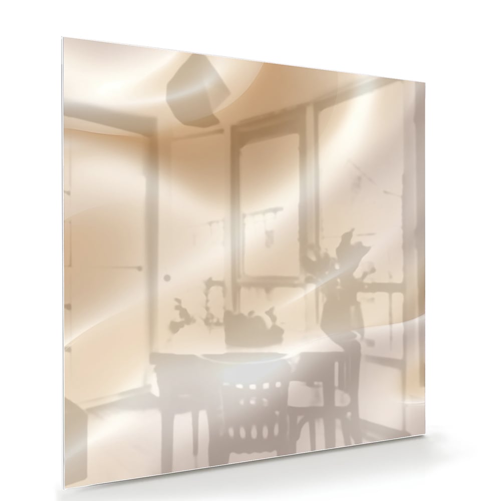 Minimalistisch glazen schilderij met warme tinten in een moderne woonkamer.