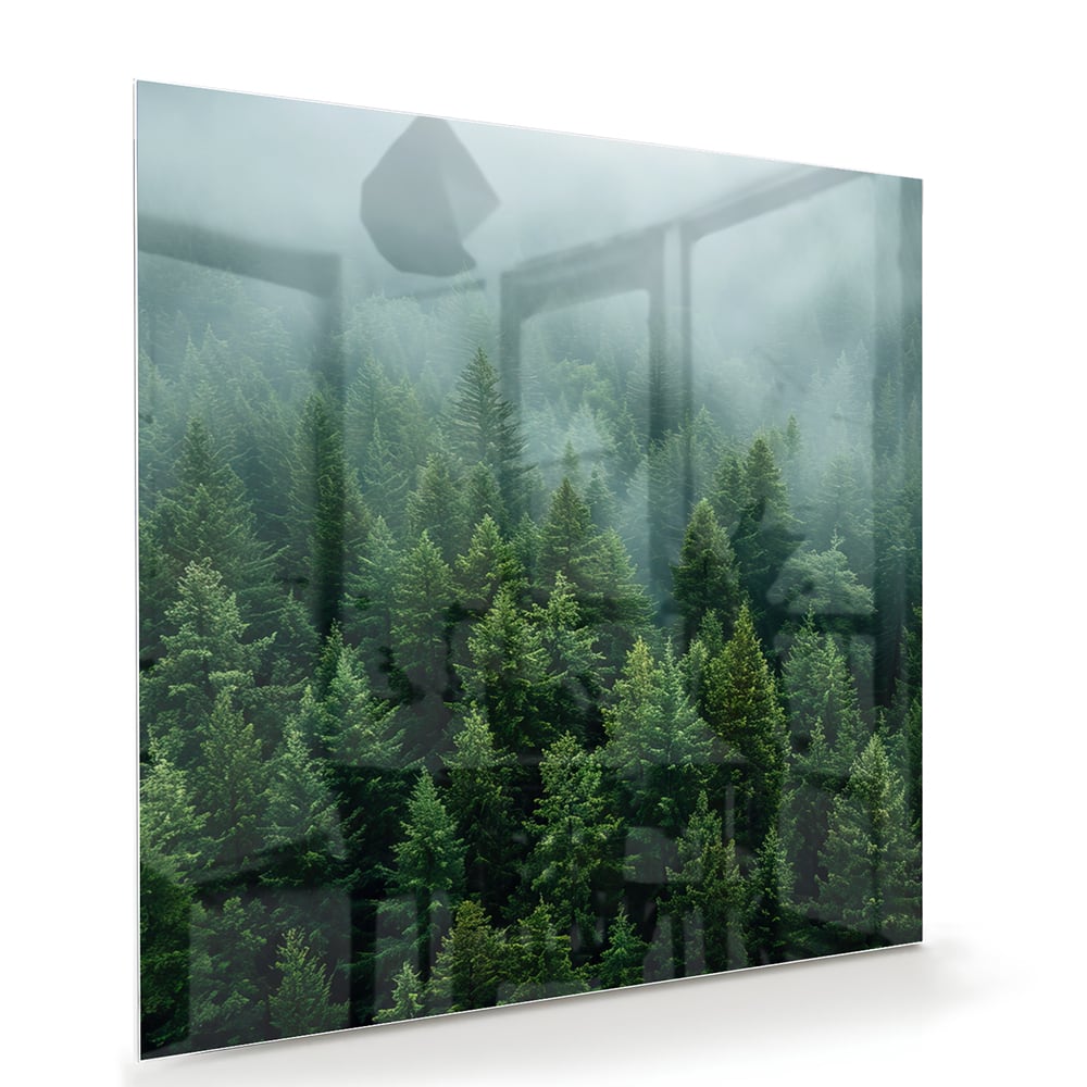Glazen schilderij van dennenbossen in mist aan de muur