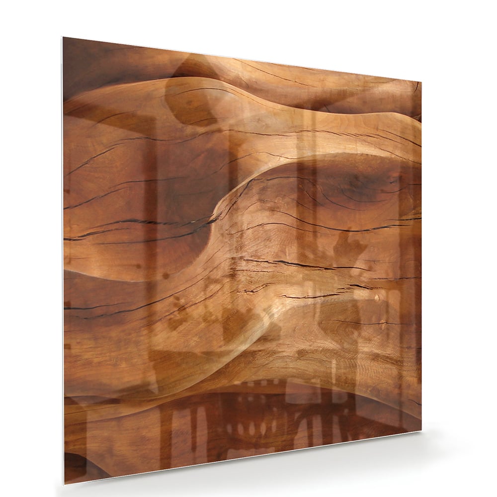 Abstract glazen schilderij met warme houttinten boven een moderne kast in een lichte woonkamer.