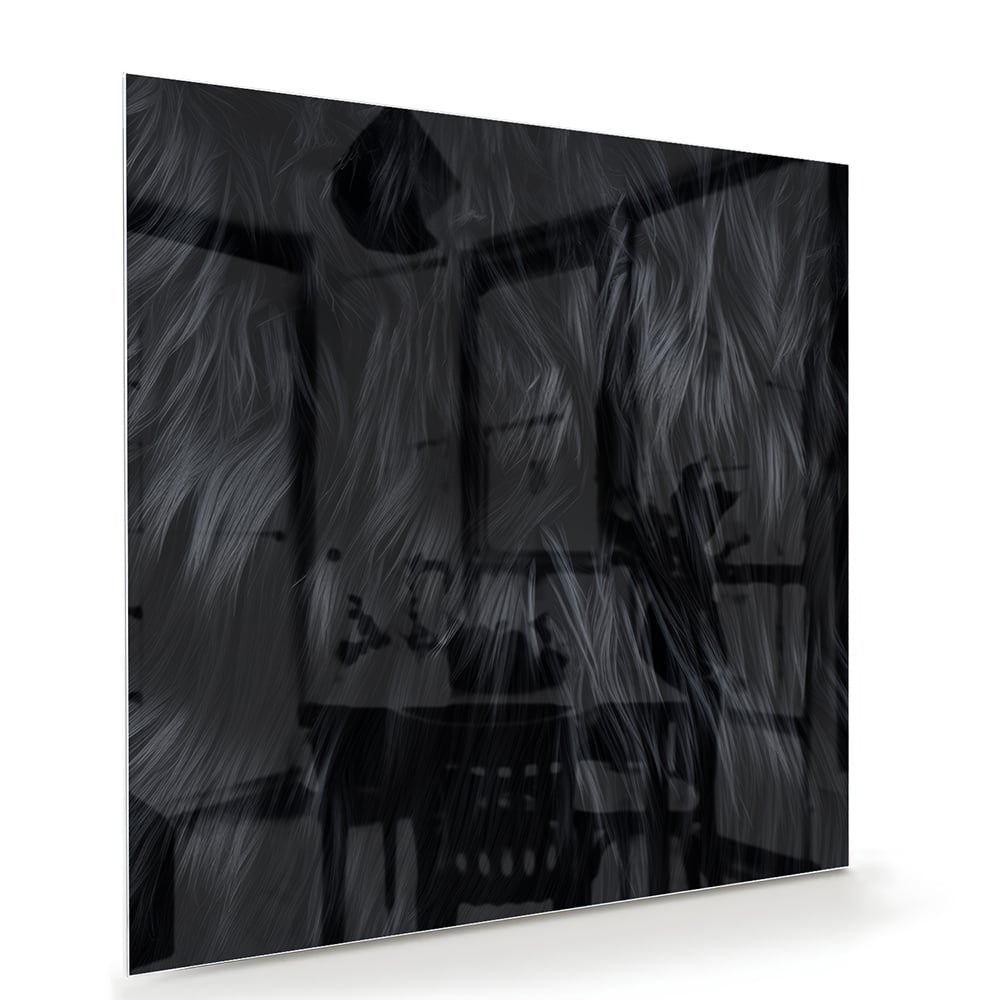Zwart glazen schilderij met abstracte patronen aan de muur