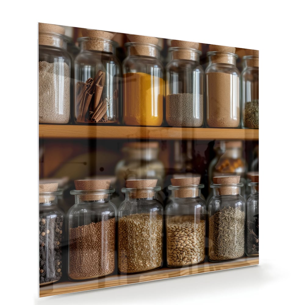 Glazen schilderij met een houten plank vol Mason jars gevuld met specerijen.