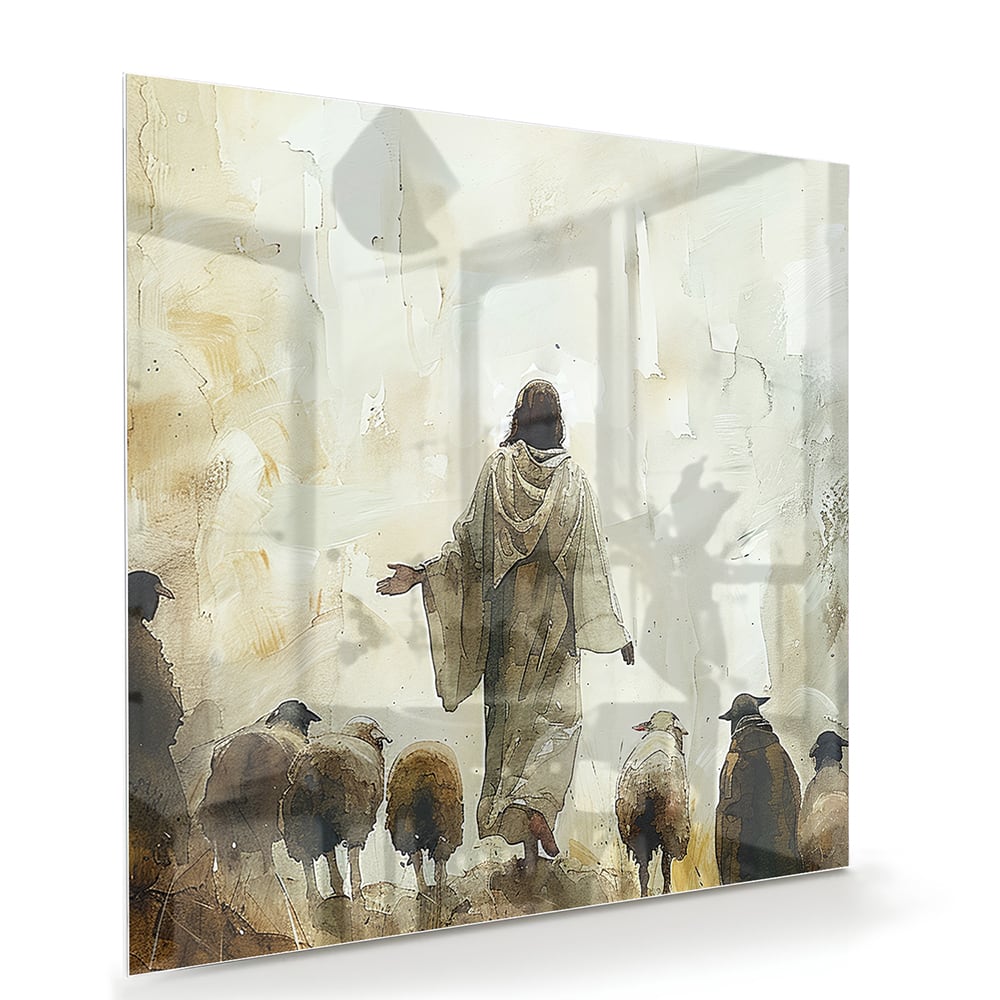 Glazen schilderij van een geestelijke die schapen leidt in warme aardse kleuren.