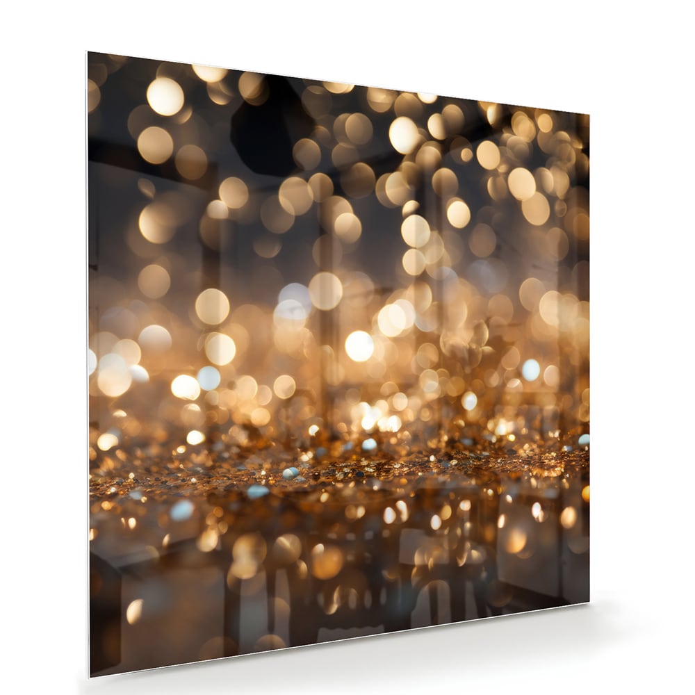 Glazen schilderij met gouden bokeh-effect aan de muur in een moderne woonkamer.