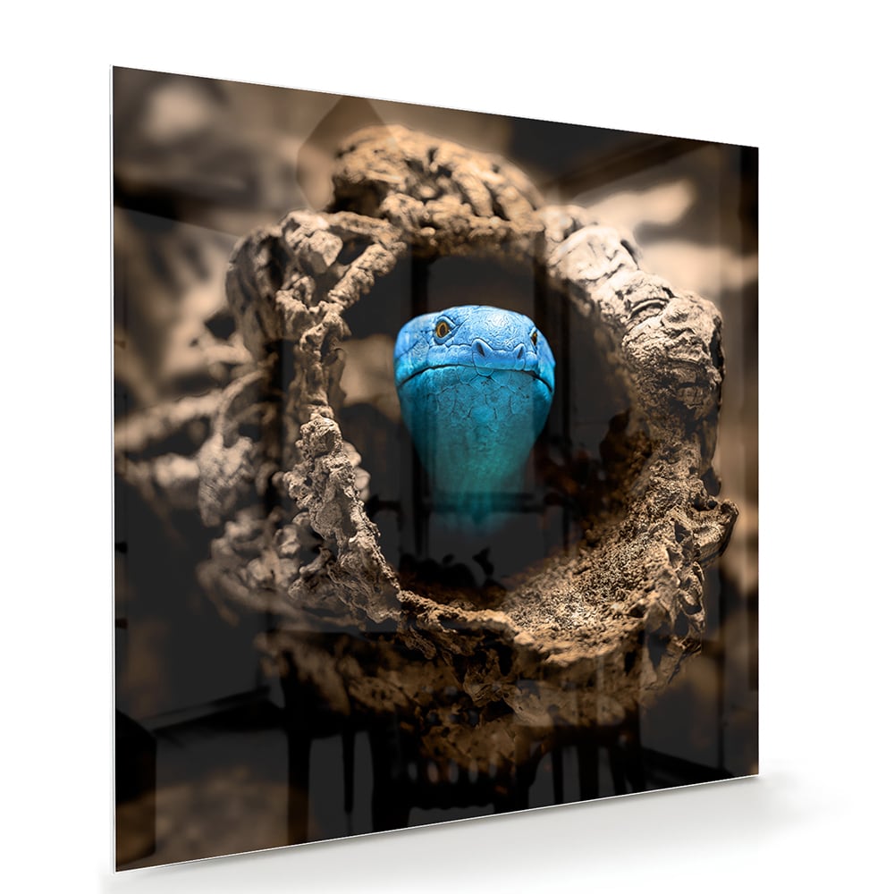 Glas schilderij met een blauwe parel in een nest, stijlvol en modern.