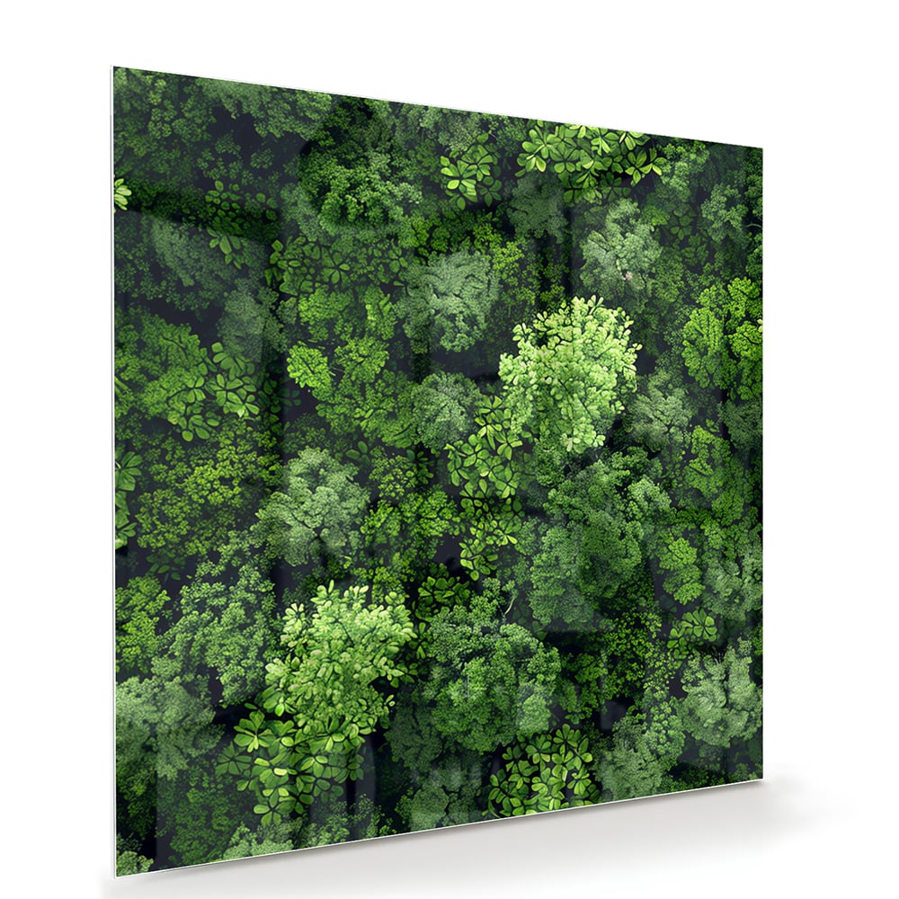 Luchtfoto van een weelderig groen bos op een muur in een moderne kamer.