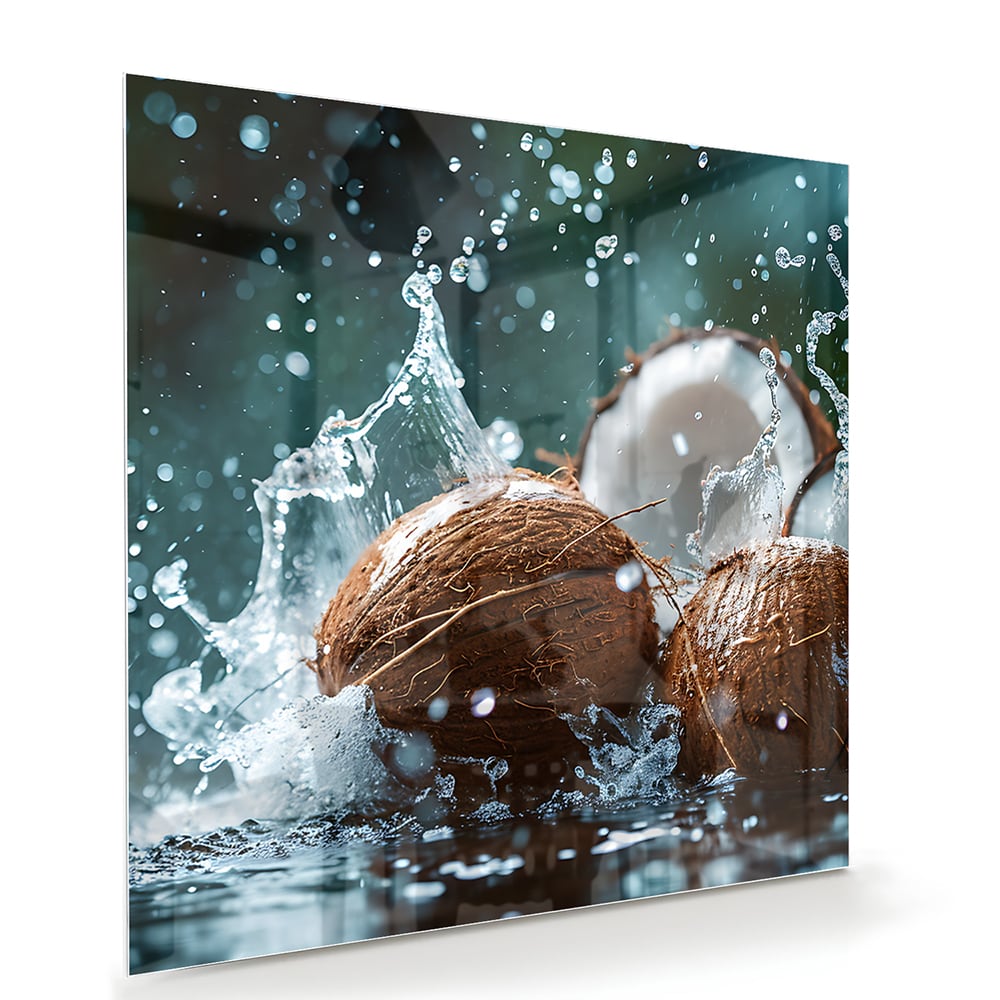 Glas schilderij van kokosnoten met spetters water, perfect voor wanddecoratie.
