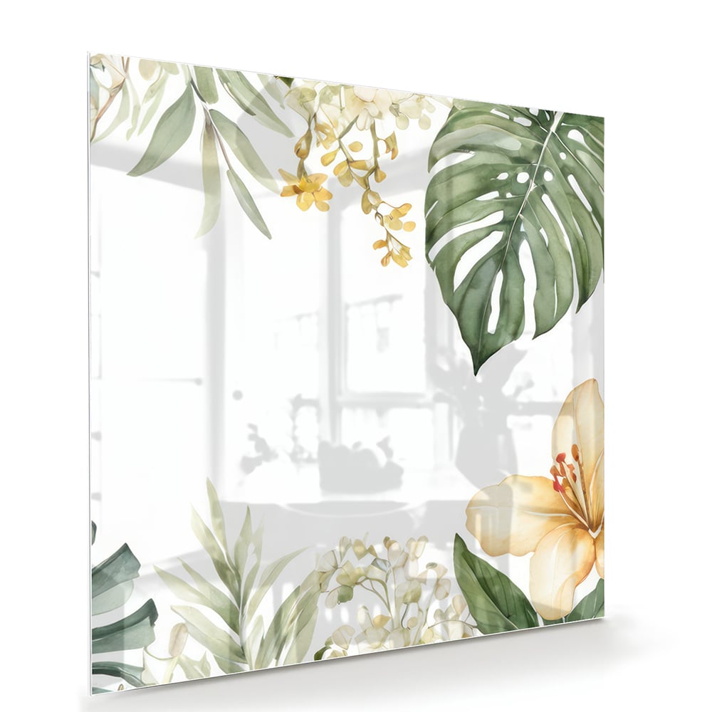 Glazen schilderij met tropische bladeren en botanische elementen aan een witte muur.