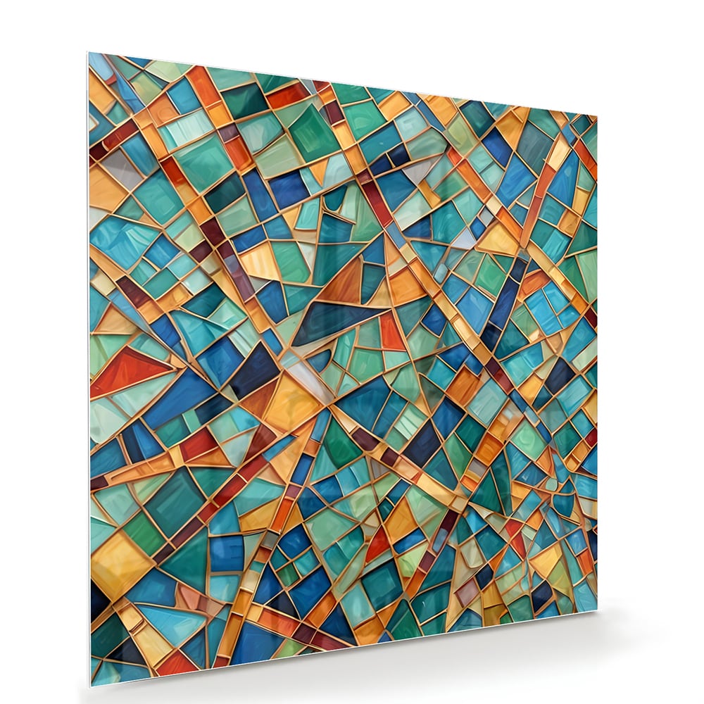 Kleurrijk abstract glazen schilderij aan de muur boven een houten meubel.