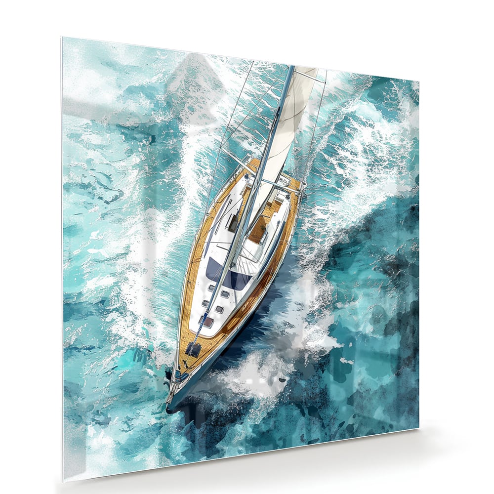 Glazen schilderij van een jacht die over een turquoise zee vaart.
