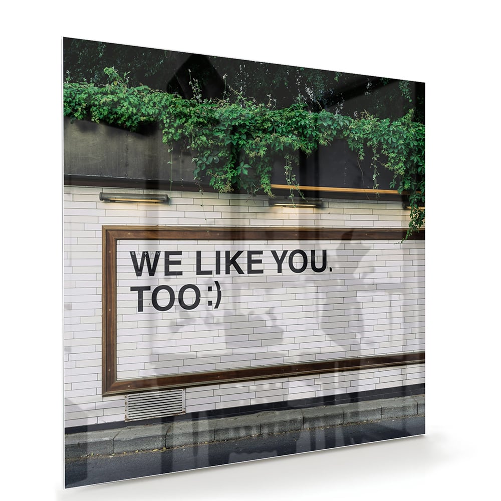 Glas schilderij met de tekst 'We Like You Too' en groene planten achtergronden.