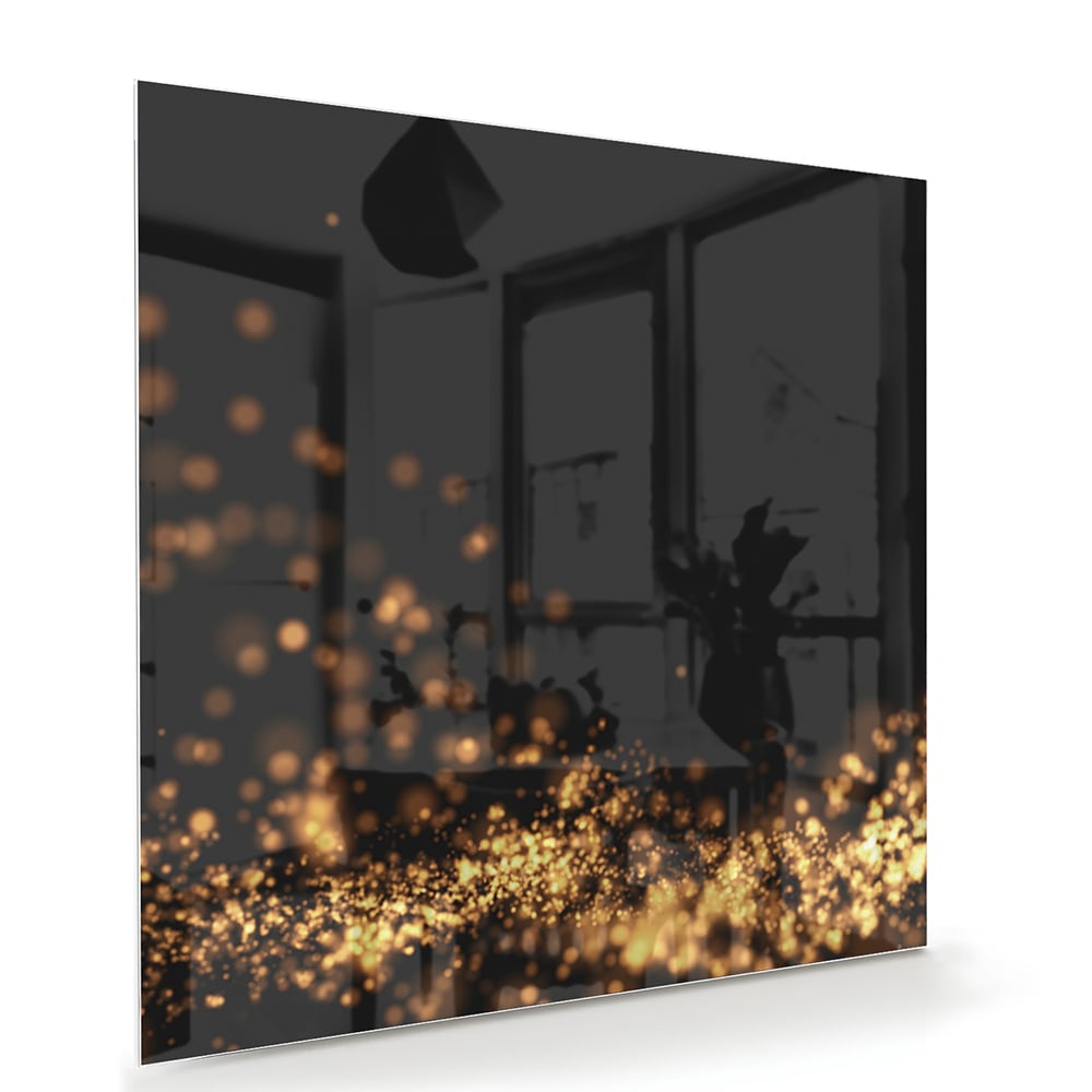 Glazen schilderij met gouden lichtpuntjes op een zwart vlak, ideaal voor moderne interieurs.