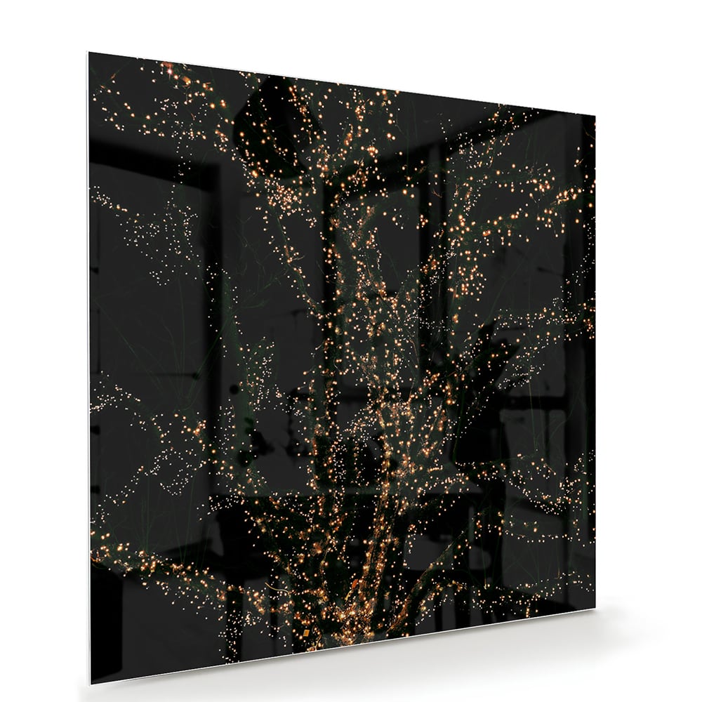 Abstract glazen schilderij met gouden takken op een zwarte achtergrond
